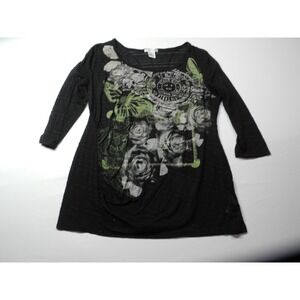 Hannah Tunic Top Womens Medium Sheer Long Sleeve Floral Graphic Shirt Blouse